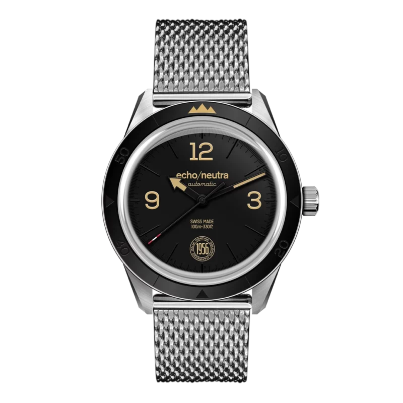 echo/neutra Cortina Deep Black with steel mesh band. Automatic watch