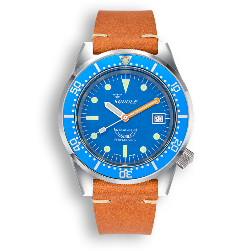 Squale 1521 Classic Ocean blue dial, brown leather strap, automatic divers watch