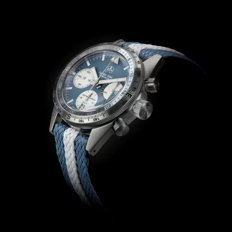 Ollech &amp; Wajs OW Astrochron kronograf med blå urtavla och blå och vit nato rem. Automatiskt urverk tillverkat i Schweiz.