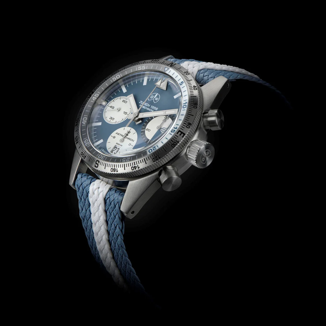 Ollech & Wajs OW Astrochron blue dial chronograph with blue and white nato strap. Automatic movement Swiss made.