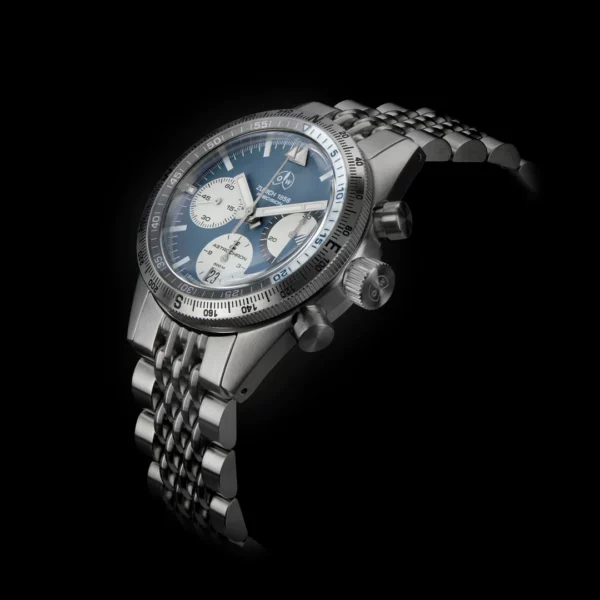 Ollech &amp; Wajs OW Astrochron S blå urtavla kronograf  med armband i rostfritt stål. Automatisk urverk Schweizisk tillverkning.