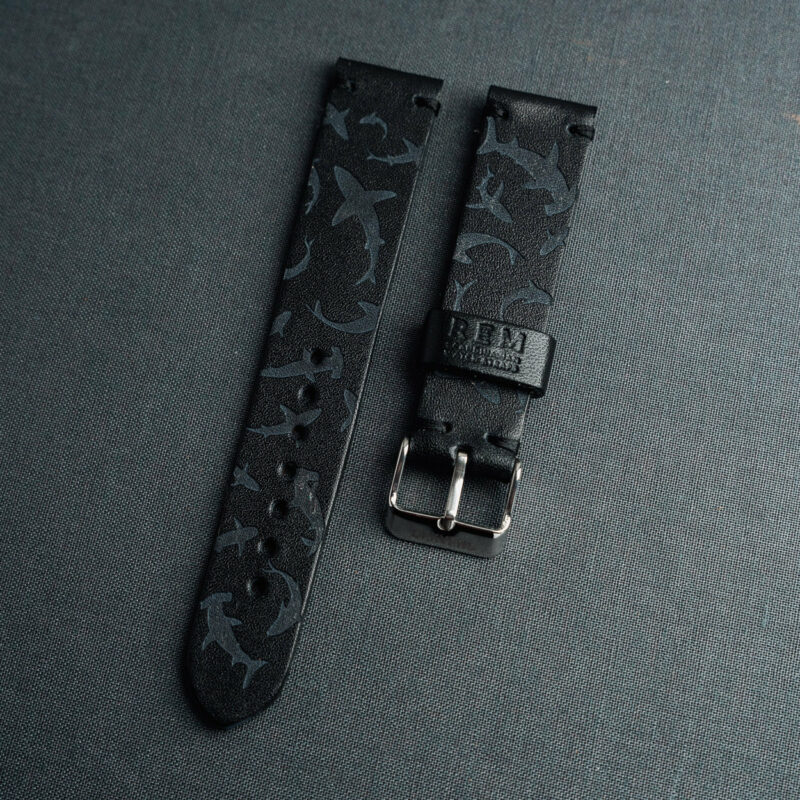 Sekvens x REM custom black leather strap 'The Shark' is a tribute to Squale watches.