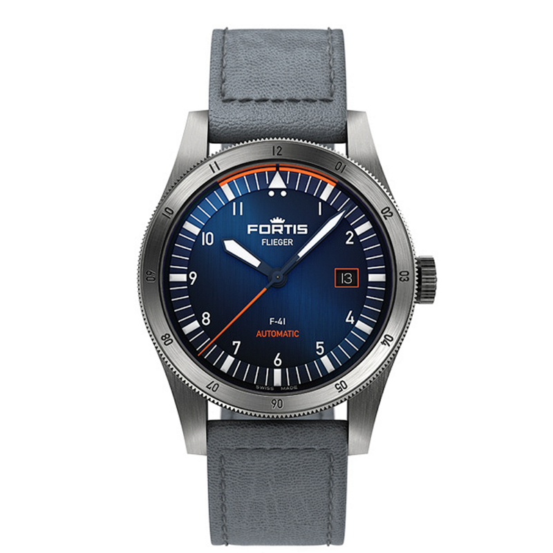Fortis Flieger F-41 Midnight Blue with grey leather strap