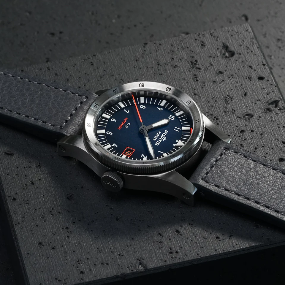 Fortis Flieger F-39 Midnight Blue with grey leather strap